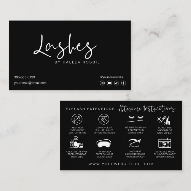 Tarjeta De Visita Extensiones Lash Instrucciones de Aftercare Modern (Anverso / Reverso)