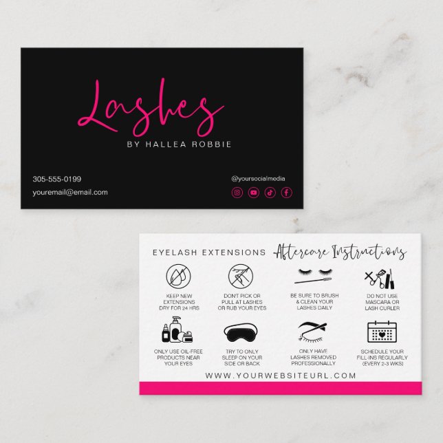 Tarjeta De Visita Extensiones Lash Instrucciones de Aftercare Modern (Anverso / Reverso)