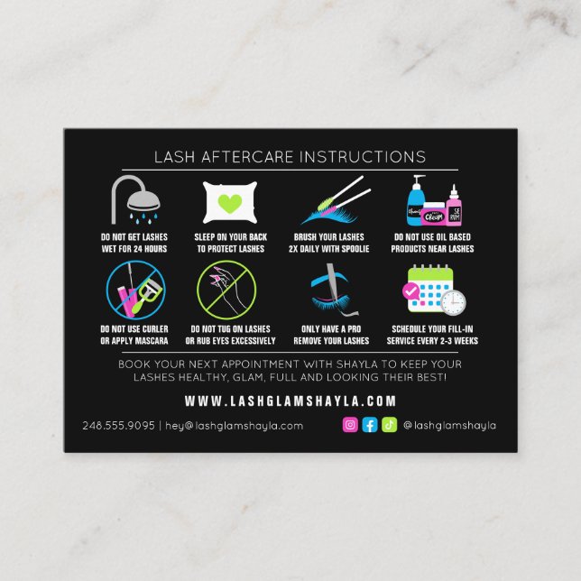 Tarjeta De Visita Extensiones Lash Instrucciones de Aftercare - Neon (Anverso)