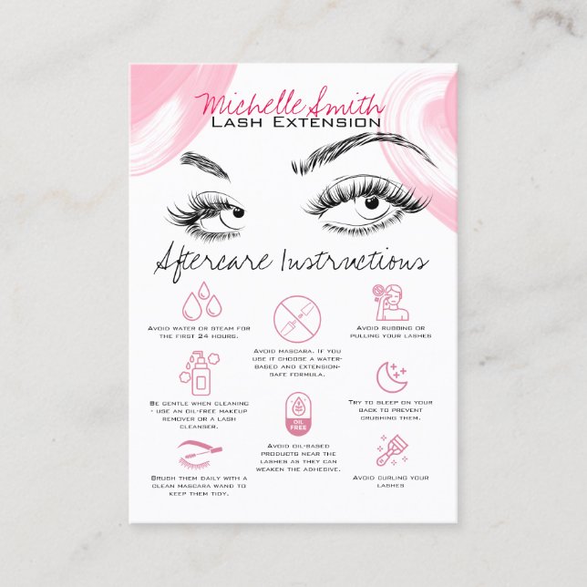 Tarjeta De Visita Extensiones Lash Pink Aftercare Consulte a un amig (Anverso)