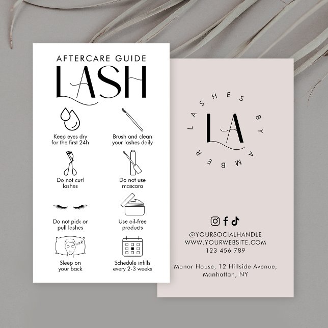 Tarjeta De Visita Extensiones modernas de crema de latigazo con logo (Elegant Lash Extensions aftercare instructions cards with space for your salon logo)