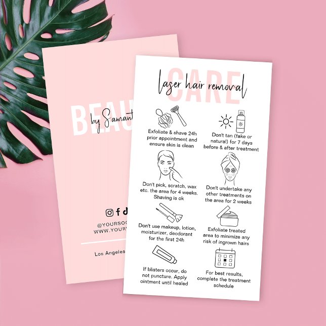Tarjeta De Visita Extracción del pelo láser Instrucciones de poscuid (Laser hair removal post-treatment care instructions cards in pink and white design)