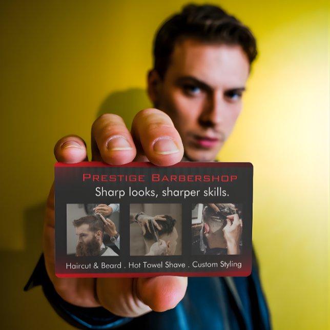 Tarjeta De Visita Eye-Catching Modern Barber in Red Black White (Subido por el creador)