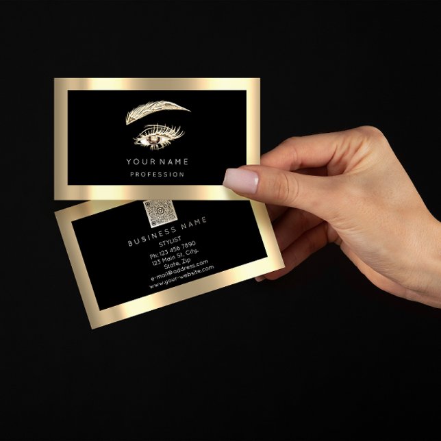 Tarjeta De Visita Eyelash Brow Maklogo Qr Código Negro Marco dorado (Eyelash Brow Makeup Logo Qr Code Black Gold Frame Business Card)
