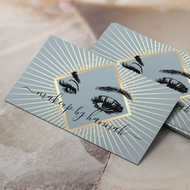 Tarjeta De Visita Eyelash Makeup Artista Moderno Dusty Blue Gold Sal (Subido por el creador)