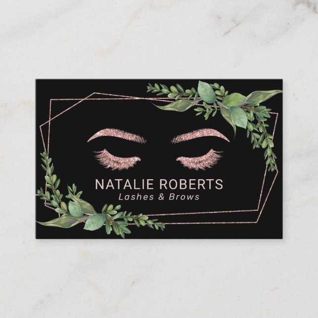 Tarjeta De Visita Eyelash Makeup Artista Rosa Oro Geométrica Vegetac (Anverso)