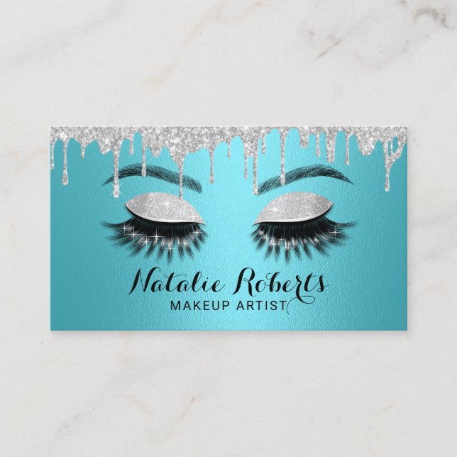 Tarjeta De Visita Eyelash Makeup Artista Turquoise & Silver Salon (Anverso)