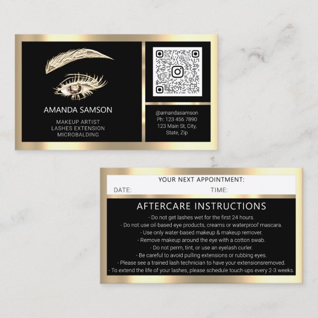 Tarjeta De Visita Eyelash Microblade QR CÓDIGO posterior Oro negro (Anverso / Reverso)