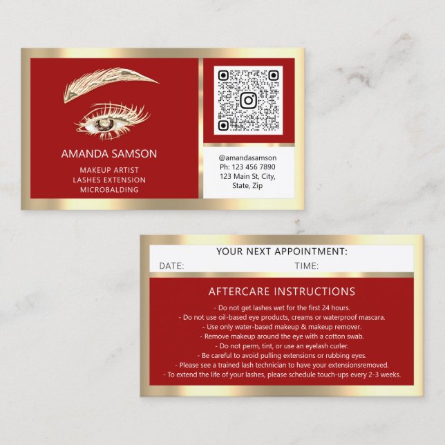 Tarjeta De Visita Eyelash Microblade QR CÓDIGO posterior Oro Rojo (Anverso / Reverso)