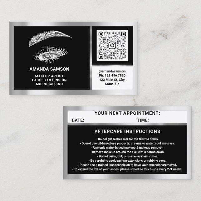 Tarjeta De Visita Eyelash Microblade QRCODE Aftercare BlackWhiteGray (Anverso / Reverso)