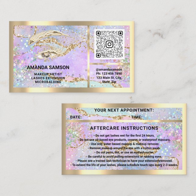 Tarjeta De Visita Eyelash Microblade QRCODE Aftercare Holograma de O (Anverso / Reverso)