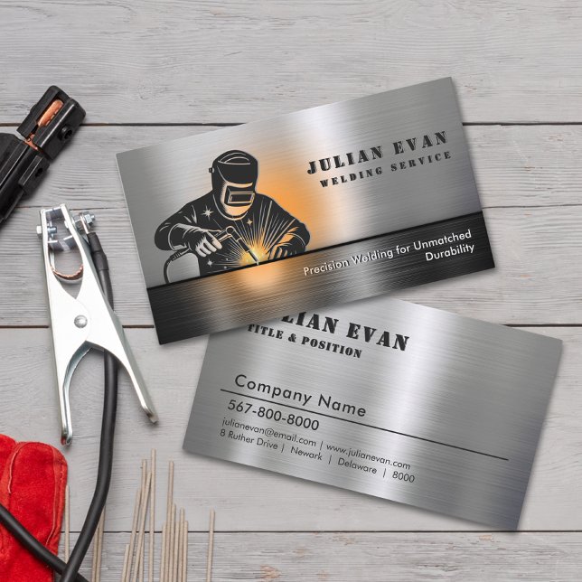 Tarjeta De Visita Fabricante Metalizado de soldadura negro brillante (Professional Shiny Black Welding Metal Fabricator Business Card)