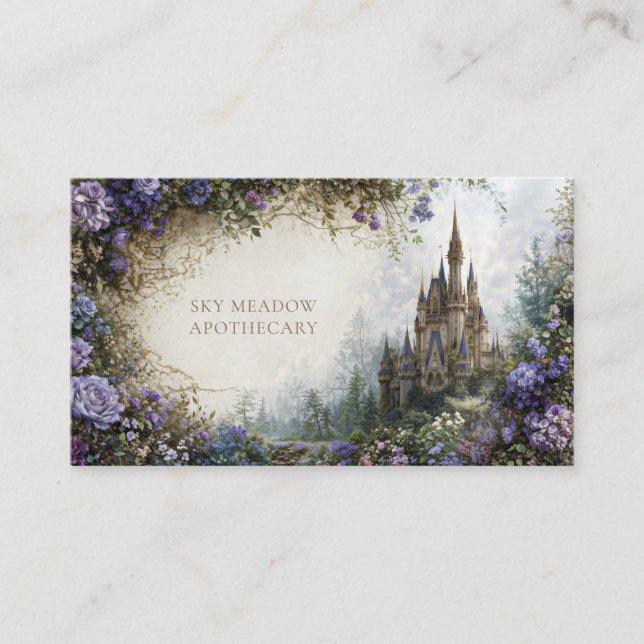 Tarjeta De Visita Fairytale Castle Purple Blue Floral Mountain (Anverso)