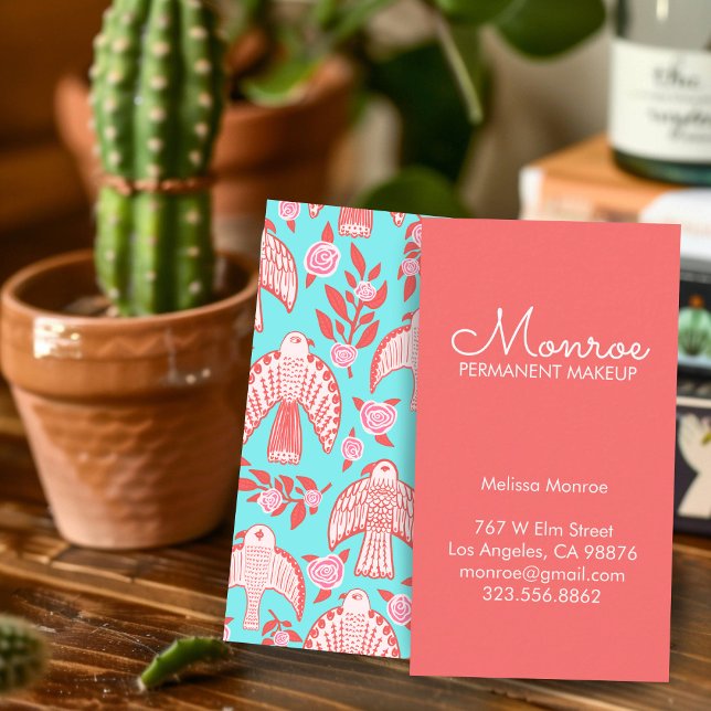 Tarjeta De Visita Falcons y Rosas Elegante Aqua Rojo Rosa (Falcons & Roses Elegant Illustrated Aqua Pink Red Business Card
)