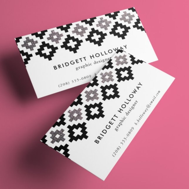 Tarjeta De Visita Falso purpurina de plata del sudoeste del negro (black and faux silver glitter geometric Southwestern boho motif business cards)