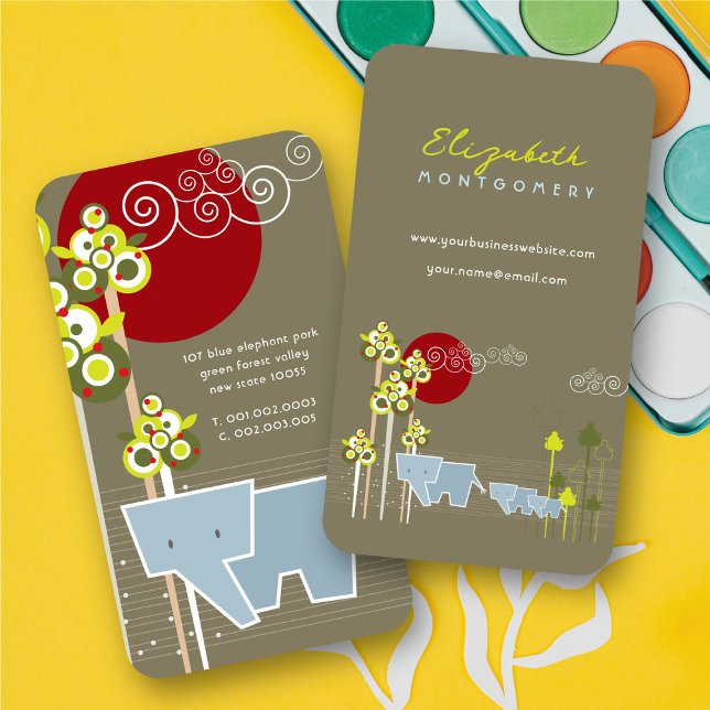 Tarjeta De Visita Familia De Elefantes Estilizados En El Bosque Y So (Whimsical Stylized Elephant Family In The Forest & Red Sun Business Card @ fatfatin)