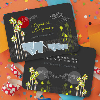 Tarjeta De Visita Familia De Elefantes Whimsical En El Bosque Y Sol 
