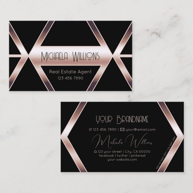 Tarjeta De Visita Fancy Black Geometric Shimmery Rosa Gold Classy (Anverso / Reverso)