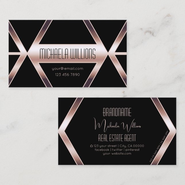 Tarjeta De Visita Fancy Black Geometric Shimmery Rosa Gold Modern (Anverso / Reverso)