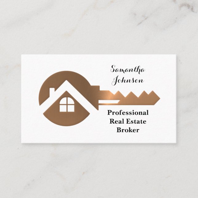 Tarjeta De Visita Fancy Copper Key Real Estate Broker Business Card (Anverso)