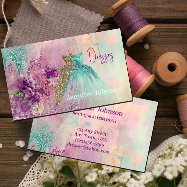 Tarjeta De Visita Fancy Dresses Tailor Abstract Glitter (Fancy Dresses Tailor Abstract Glitter Business Card #zazzlemade #fashiondesigner #dressmaker #tailor)