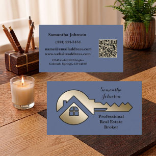 Tarjeta De Visita Fancy Pizarra Azul con Código QR de Llave Dorada I
