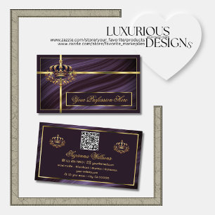 Tarjeta De Visita Fancy Royal Purple Gold Crown con código QR Noble