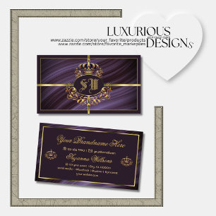Tarjeta De Visita Fancy Royal Purple Gold Crown con monograma Noble