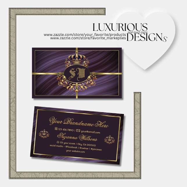 Tarjeta De Visita Fancy Royal Purple Gold Crown con monograma Noble (Subido por el creador)