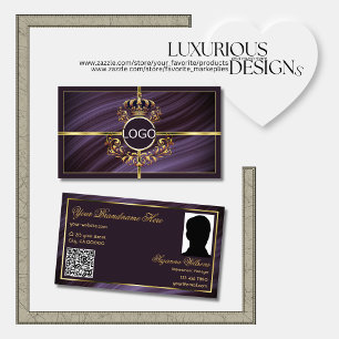Tarjeta De Visita Fancy Royal Purple Gold Crown Logo Photo QR Code