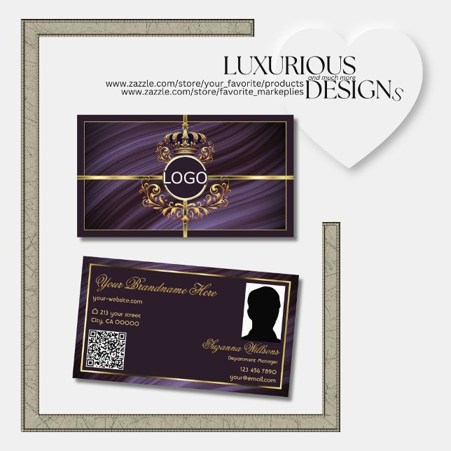 Tarjeta De Visita Fancy Royal Purple Gold Crown Logo Photo QR Code (Subido por el creador)