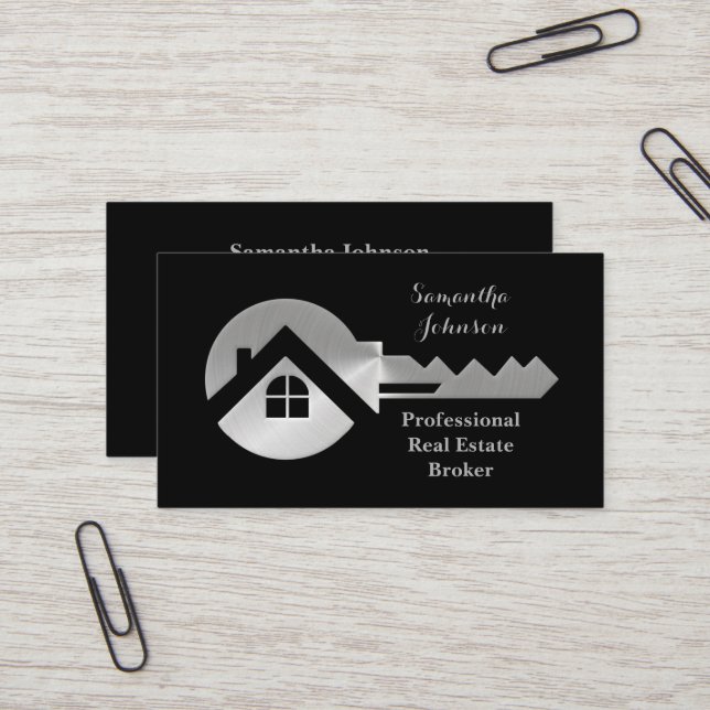 Tarjeta De Visita Fancy Silver Key Real Estate Broker Business Card (Anverso/Reverso In Situ)