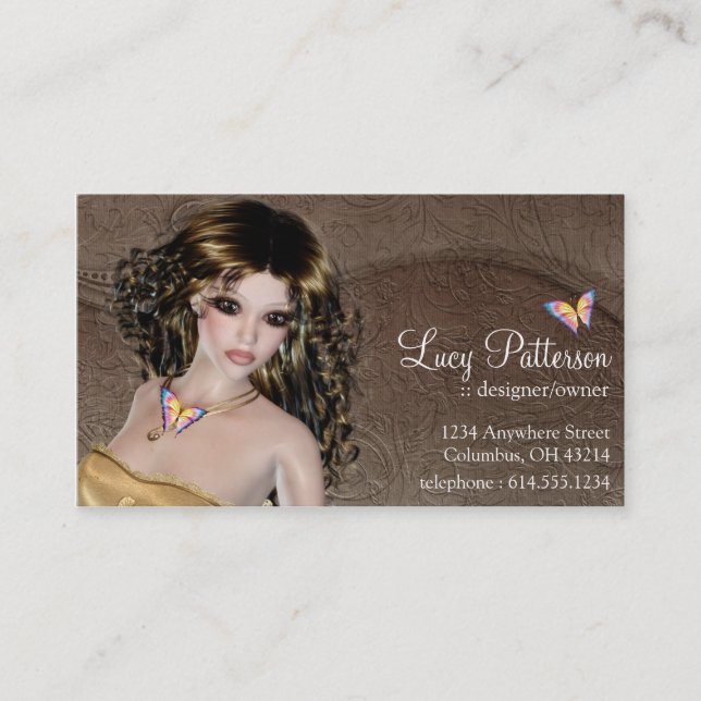 Tarjeta De Visita Fantasy Brunette Woman Butterfly Business Card (Anverso)