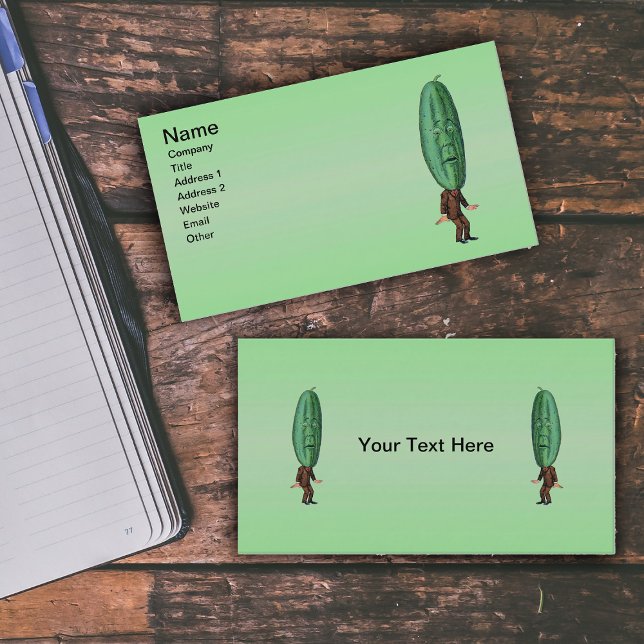 Tarjeta De Visita Fantasy Pickle Man Brown Suite (Funny man big pickle head with surprised face in brown suit on green business cards.)