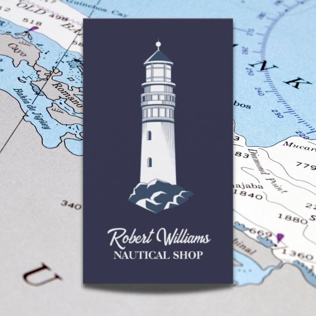 Tarjeta De Visita Faro Náutico de Barco Azul de Playa Costera (Coastal Beach Blue Boating Nautical Lighthouse Business Card)