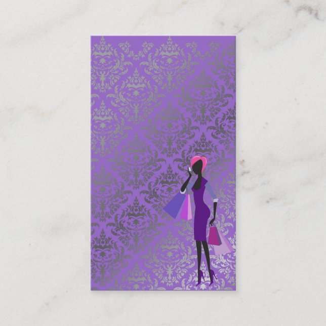 Tarjeta De Visita fashionista gris púrpura minniemay del damasco (Anverso)