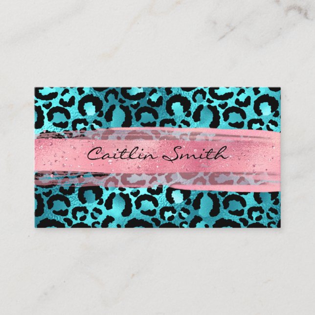 Tarjeta De Visita Faux Aqua Blue Relieve metalizado Leopard Pink Bru (Anverso)