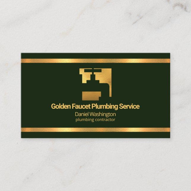 Tarjeta De Visita Faux Gold Borders Faucet Emerald Green Plumero (Anverso)