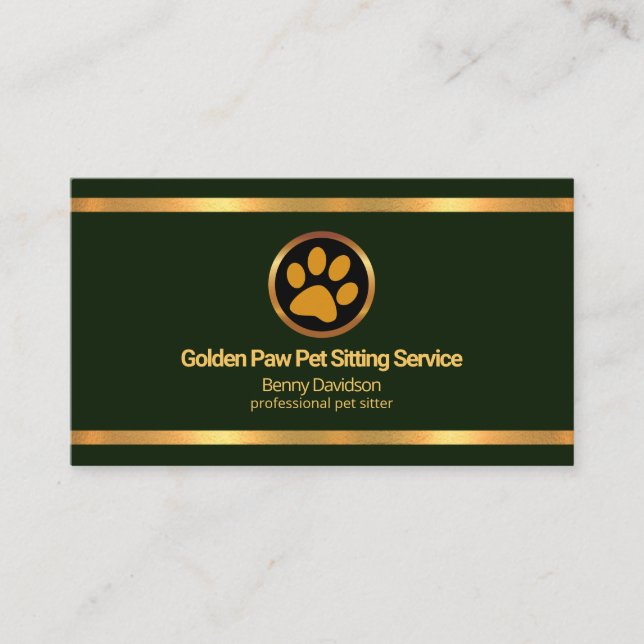 Tarjeta De Visita Faux Gold Borders Mascota verde esmeralda sentado (Anverso)