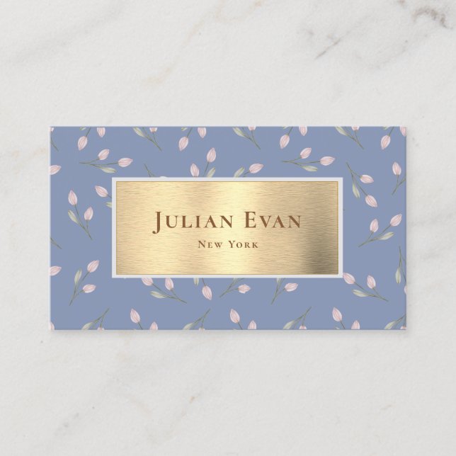 Tarjeta De Visita Faux Gold Dusty Blue Floral Business Card (Anverso)