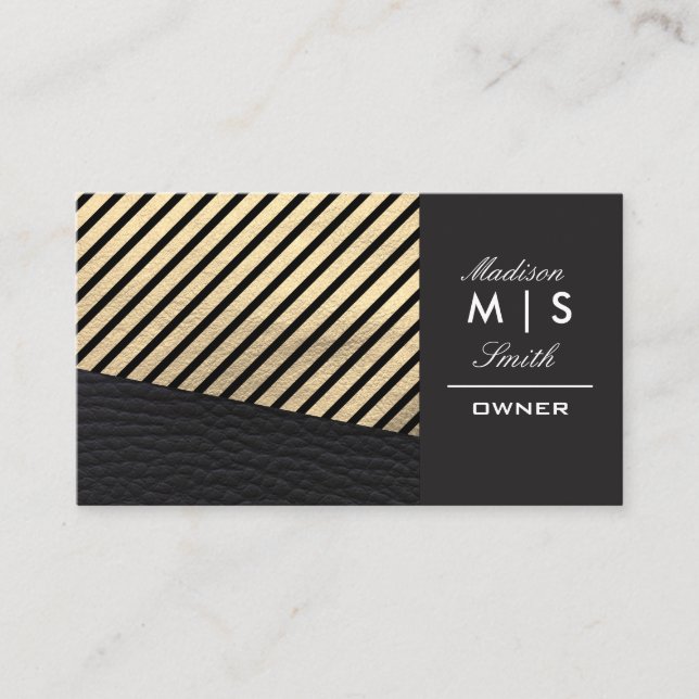 Tarjeta De Visita Faux Gold Leather and Black Leather Trim Stripes (Anverso)