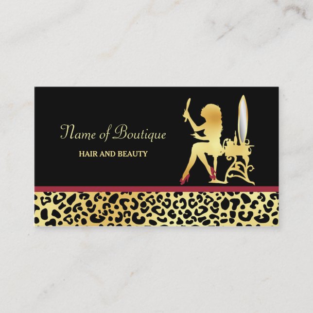 Tarjeta De Visita FAUX Gold Leopard Print Woman Hair Boutique (Anverso)