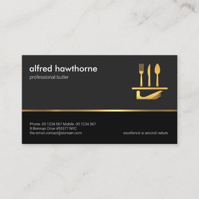 Tarjeta De Visita Faux Gold Line Doble Tono Gris Capas Negras, Butle (Anverso)
