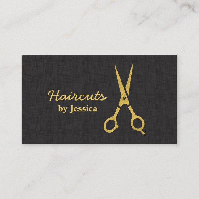 Tarjeta De Visita Faux Gold Scissors Haircut Hair Stylist Chevron (Anverso)