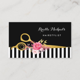 Tarjeta De Visita Faux Gold Scissors Stripes Pink Floral Hair Salon