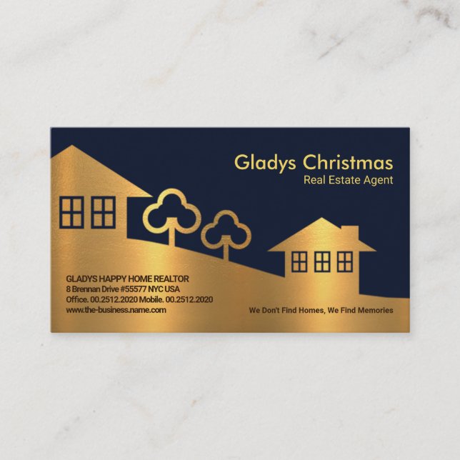 Tarjeta De Visita Faux Gold Textura Hogar Paisaje Agente Inmobiliari (Anverso)