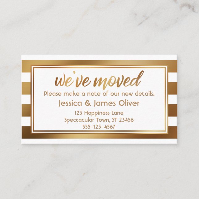 Tarjeta De Visita Faux Gold & White Stripes We've Moved Handout Card (Anverso)