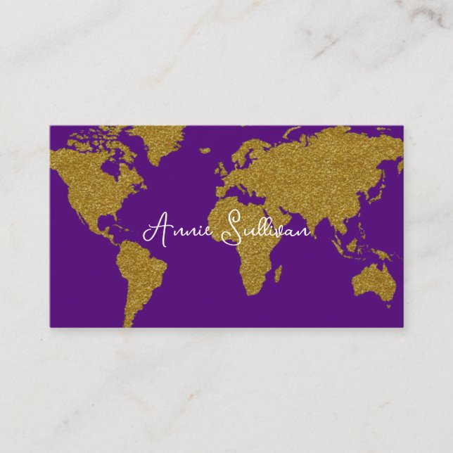 Tarjeta De Visita Faux Gold World Map Agente de viajes Purple (Anverso)