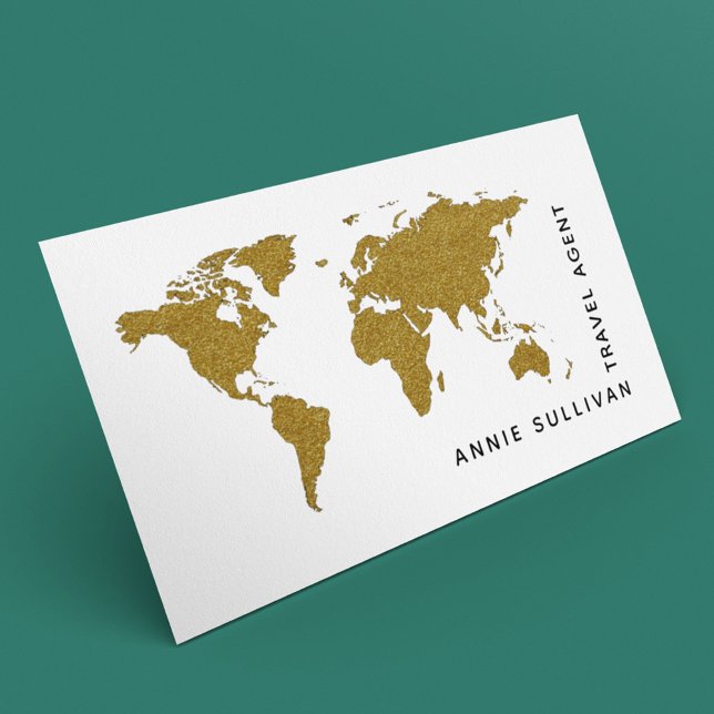 Tarjeta De Visita Faux Gold World Map Travel Agent (opción blanca) (faux gold world map)