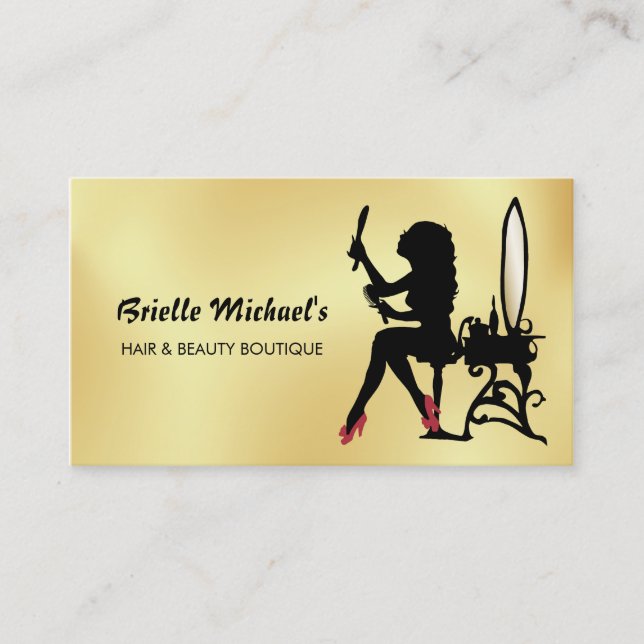 Tarjeta De Visita Faux Gold y Black Woman Hair Boutique (Anverso)